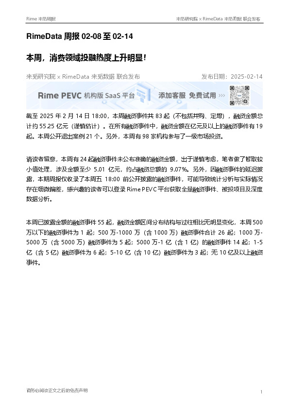 RimeData周报：本周，消费领域投融热度上升明显！