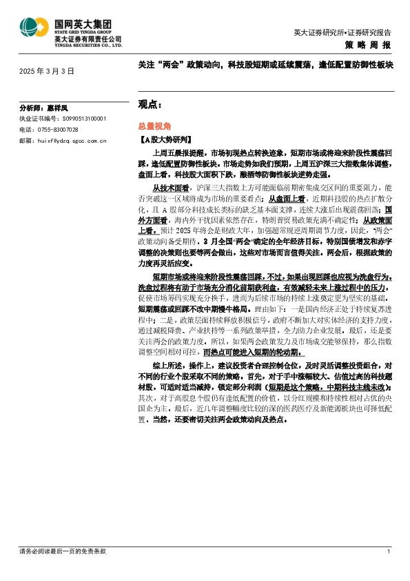 策略周报：关注“两会”政策动向，科技股短期或延续震荡，逢低配置防御性板块