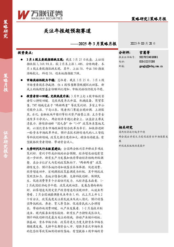 2025年3月策略月报：关注年报超预期赛道