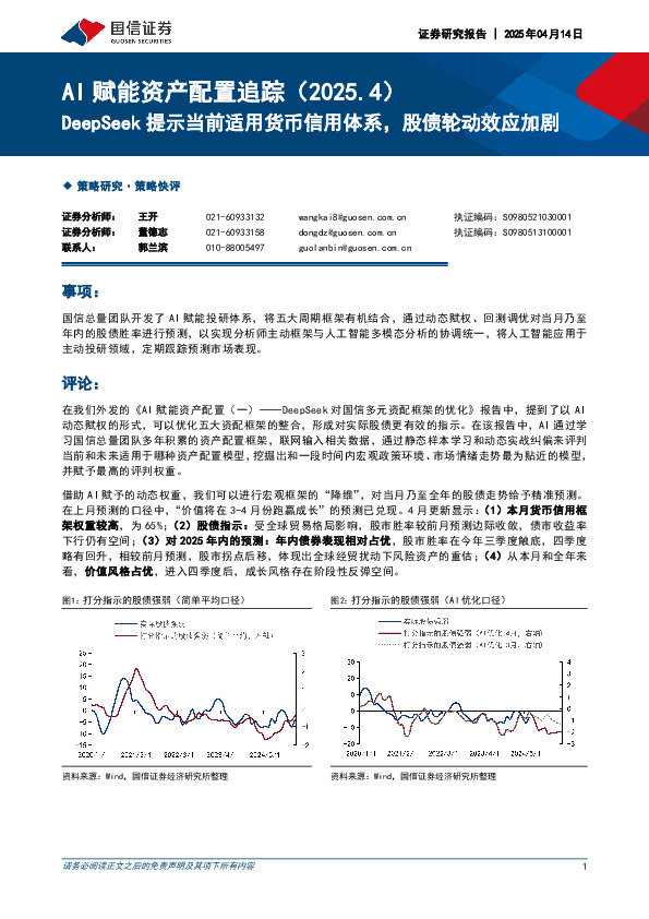 AI赋能资产配置追踪（2025.4）：DeepSeek提示当前适用货币信用体系，股债轮动效应加剧