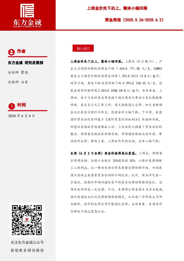 黄金周报：上周金价先下后上，整体小幅回落