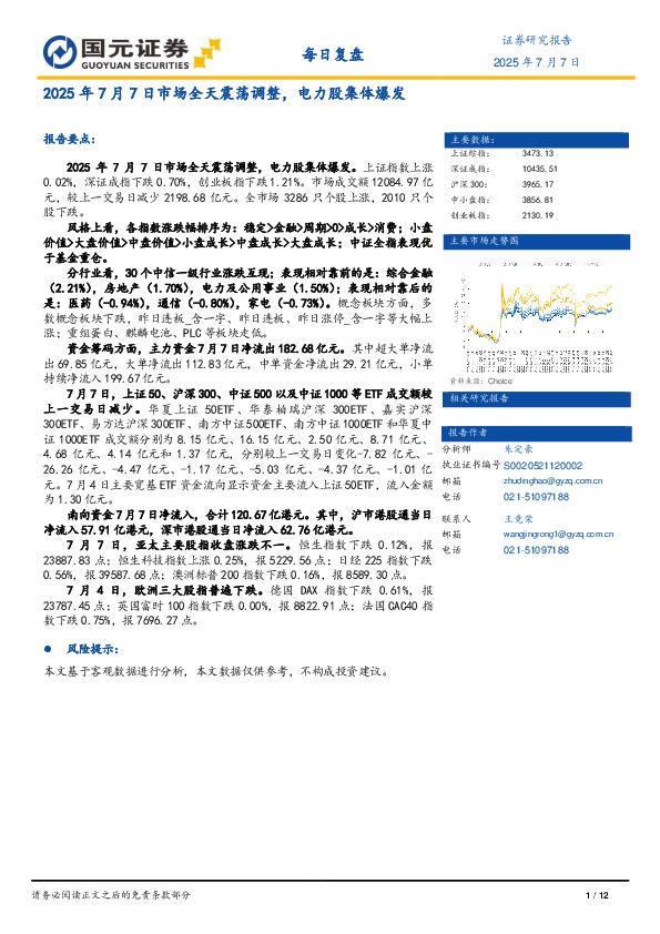 每日复盘：市场全天震荡调整，电力股集体爆发