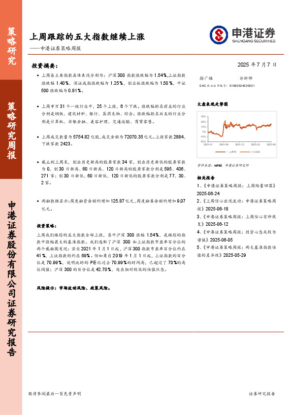策略周报：上周跟踪的五大指数继续上涨